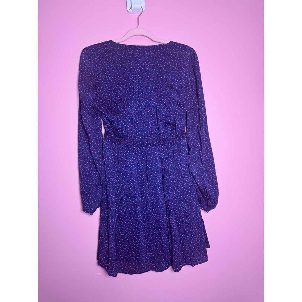 Navy Blue Pink Star Print V-Neck Long Sleeve Mini Dress Elastic Waist Womens S - Picture 2 of 5